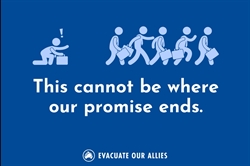 [ai] A blue poster depicting an urgent scene with an individual sitting and holding a briefcase. Behind them, figures are walking away while carrying briefcases, with text stating, "This cannot be where our promise ends." The organization logo is at the bottom.